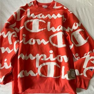Champion Reverse Weave All Over Script Logo Crewneck Pullover Salmon Mens XL